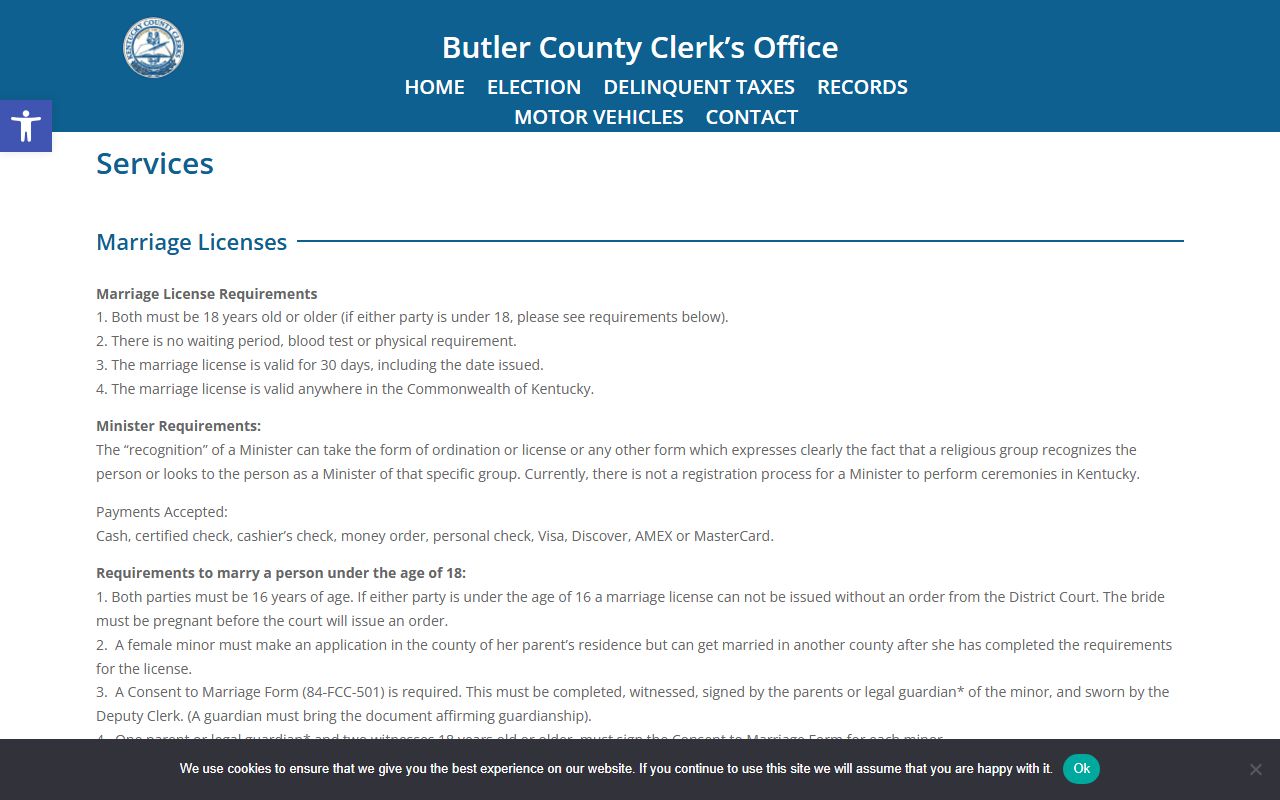 Butler County Clerk marriage records services page